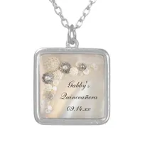 White Pearl and Diamond Buttons Look Quinceañera Silver Plated Necklace