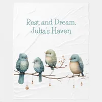 Whimsical Birds on Branches Timeless Elegance Fleece Blanket