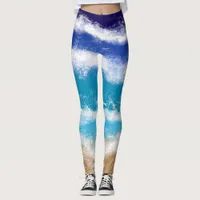 Blue Ocean Waves and Sandy Beach Leggings