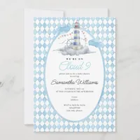 Cloud 9 Nautical Lighthouse Watercolor Baby Shower Invitation