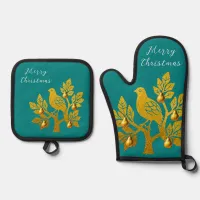 Partridge In A Pear Tree Teal Gold Merry Christmas Oven Mitt & Pot Holder Set