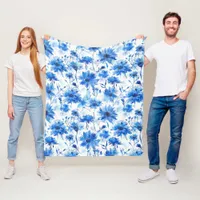 Large Watercolor Style Cornflower Type Blue Flower Fleece Blanket