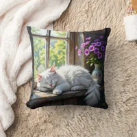Napping White Cat and Purple Flowers  Throw Pillow