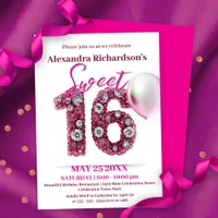 Glittering Gemstones and Pink Balloon Sweet 16 Invitation