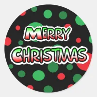 Merry Christmas Black, Red Green Polka Dot Classic Round Sticker