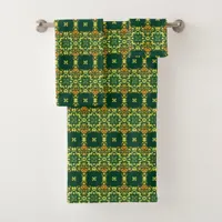 Emerald Green Yellow & Orange Vintage Pattern Bath Towel Set