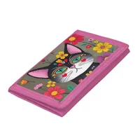 Cute Folk Art Black Cat and Flowers Trifold Wallet