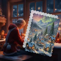 Christmas in a mountain village, polar lights  card