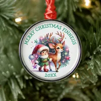 Whimsical Elf and Reindeer Christmas Personalized Metal Ornament