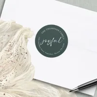Joyful Calligraphy Return Name Address Dark Green Classic Round Sticker