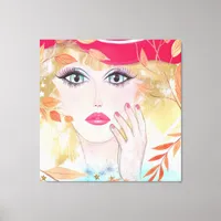 Whimsical Girl in Hat Face Hand Leaves Canvas Print