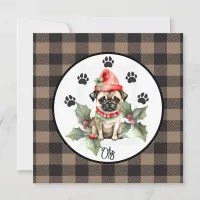 Christmas Pug with Red Hat Flat Holiday Card