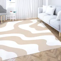 Abstract Minimal White Beige Wavy Line Pattern Rug