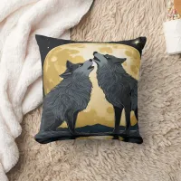 Wolves Howling Under A Bright Full Moon Throw Pillow