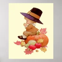 Vintage Pilgrim Boy Praying on Pumpkin Poster