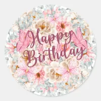 Elegant Floral and Butterfly Birthday Sticker