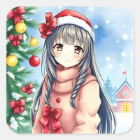 Pretty Festive Anime Girl Christmas Square Sticker