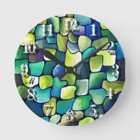 Monogram Green Abstract Tiles Green Watercolor Round Clock