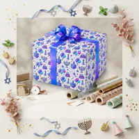 Fun Blue Pink Retro Hanukkah Birthday Wrapping Paper