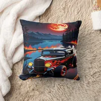 Dreamy night ride in a classic hot rod by the lake throw pillow