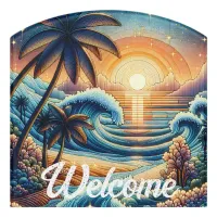 Mosaic Ai Art | Ocean Sunset and Palm Trees Door Sign