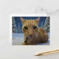 Cute Adorable Ginger Kitty Winter Forest Postcard