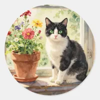 Cat and Flower Themed Classic Round Sticker