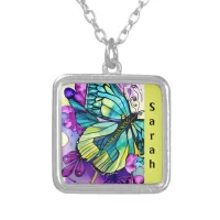 Green and Yellow Beautiful Butterfly Art  Silver Plated Necklace