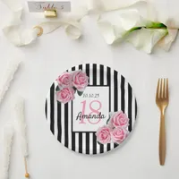 18th birthday pink flowers black white stripes paper plates