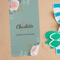 Sage green rose gold florals monogram initials beach towel