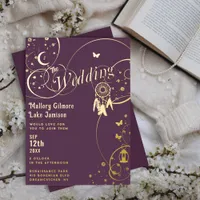 Elegant Boho Purple and Gold Dreamcatcher Wedding Foil Invitation