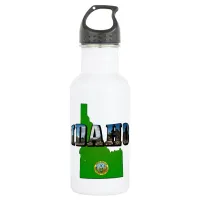 Idaho Map, Seal and Picture Text Water Bottle