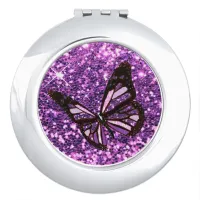 Purple Faux Glitter Butterfly Compact Mirror