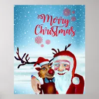 Watercolor Magical Santa Clause Smiling Rudolph Poster