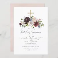Burgundy, Navy and Blush Floral Holy Communion Invitation