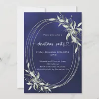 Navy blue silver greenery Christmas Party Invitation