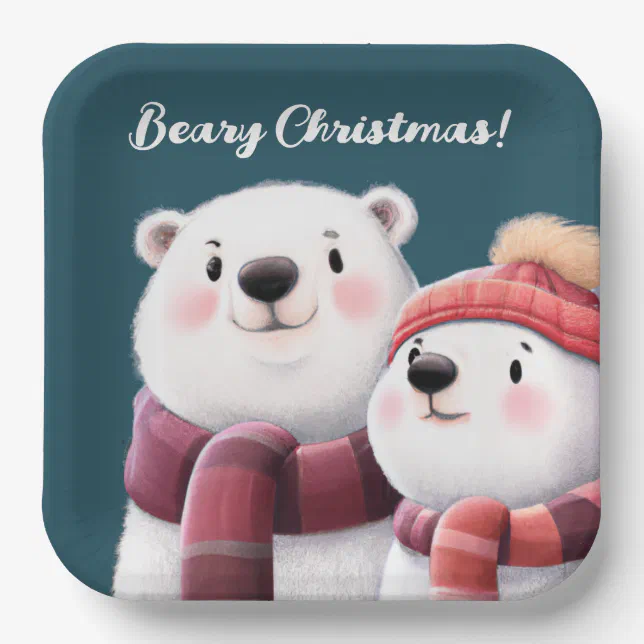 Cute Polar Bear Cubs Wearing Scarves Paper Plates