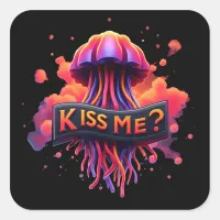 Colorful Jellyfish Illustration With Kiss Me Text  Square Sticker