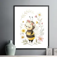 Cute Bee and Flowers Poster