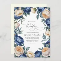 French Blue and Ivory Watercolor Floral Wedding Invitation