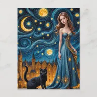 The Beautiful Woman and Cat in a Night City Postcard