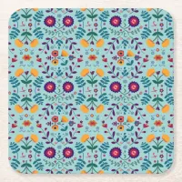 Pretty Folk Art Flowers Pattern Square Paper Coaster