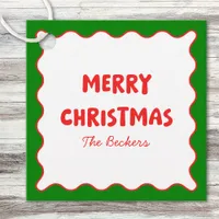 Retro Wavy Red and Green Custom Merry Christmas Favor Tags