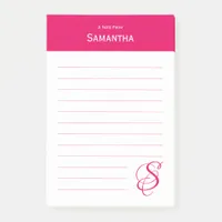 Personalized Name Pink Elegant Monogram Lined Post-it Notes