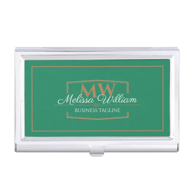 Simple Green White Monogram Business Card Case