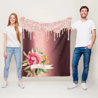 Rose gold glitter drips florals pink burgundy name fleece blanket
