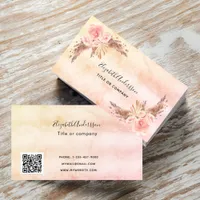 Pampas grass blush pink florals script QR code Business Card