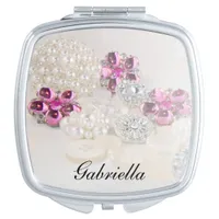 Faux White Pearls and Pink Diamond Buttons Wedding Mirror For Makeup