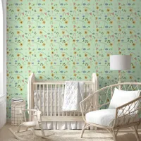 Cute Stars Flowers Hearts Rainbows Green Nursery Wallpaper