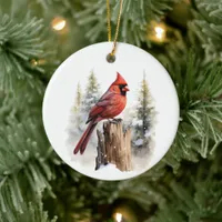 Cardinal Red Bird Watercolor Customized Christmas Ceramic Ornament